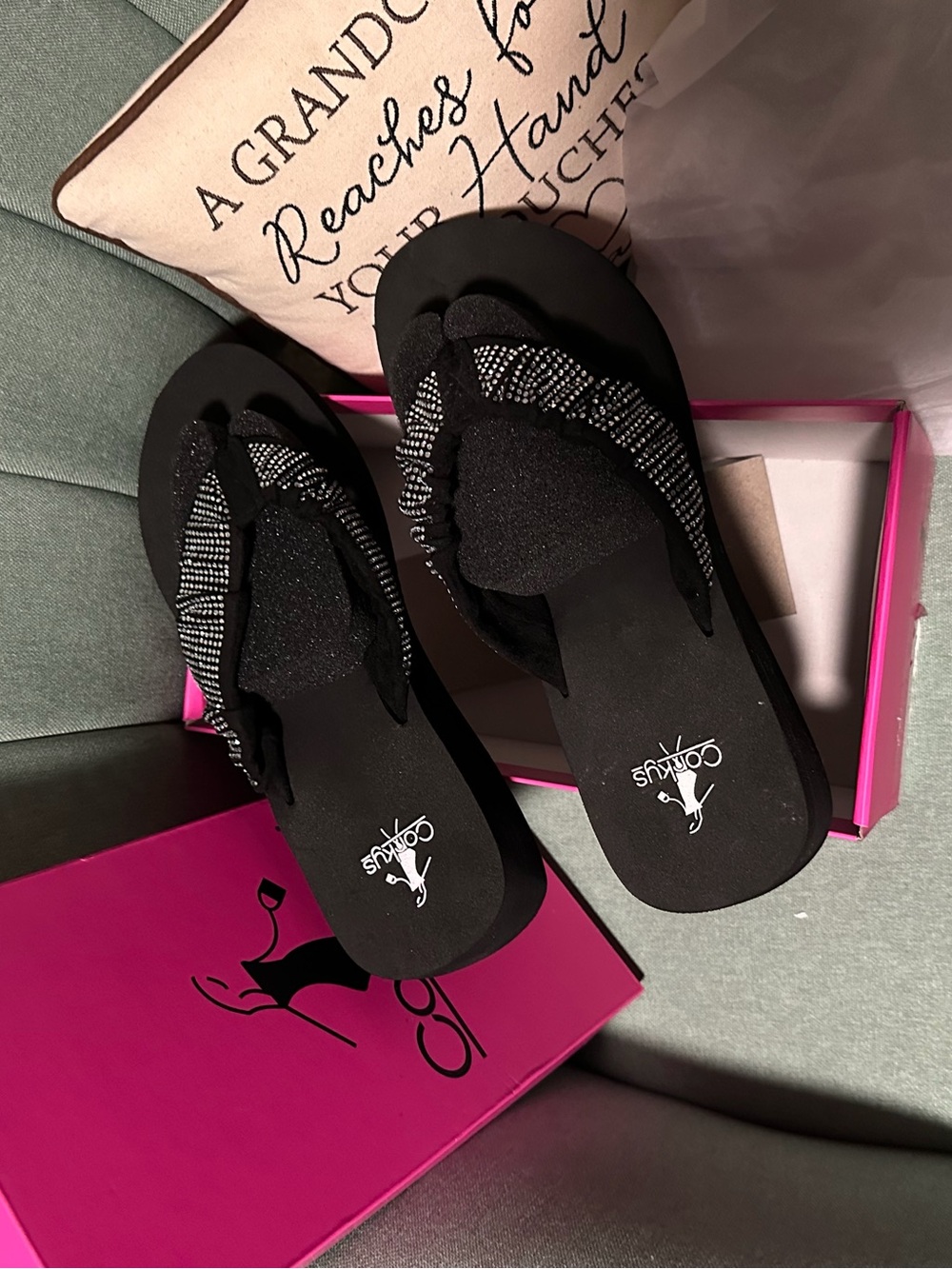 Corkys Black Sparkle Wedge Flip Flop Sandals
